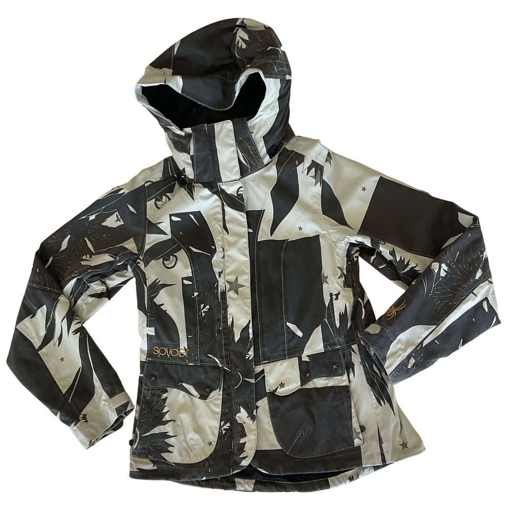 Spyder Womens Ski Jacket‎ Black White Graphic Print Hooded Winter Coat Size S